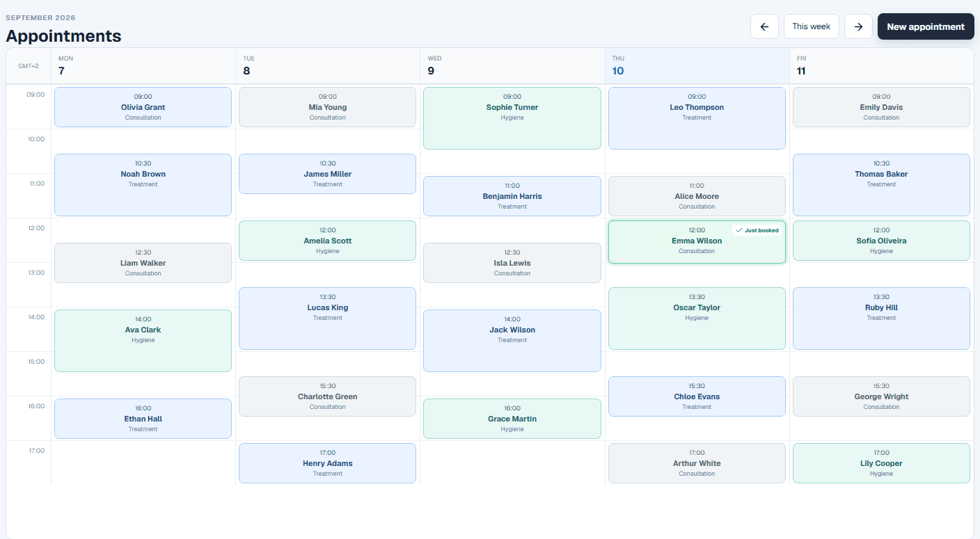 Dental Hub weekly appointment calendar for the clinic team