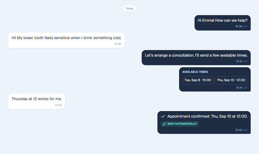 Dental Hub automatically confirming the patient's appointment in the conversation
