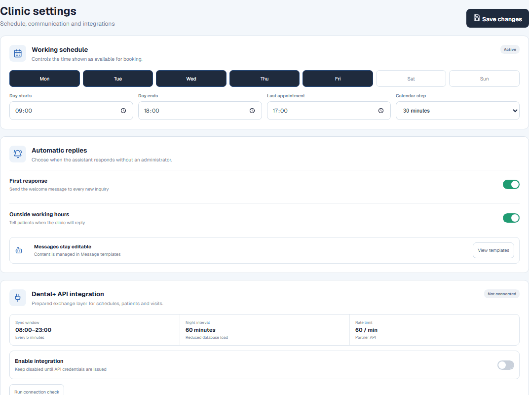Dental Hub clinic settings for schedules, automation and API integrations