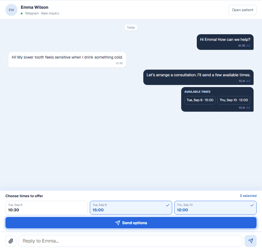 Available appointment slots offered in the Dental Hub conversation